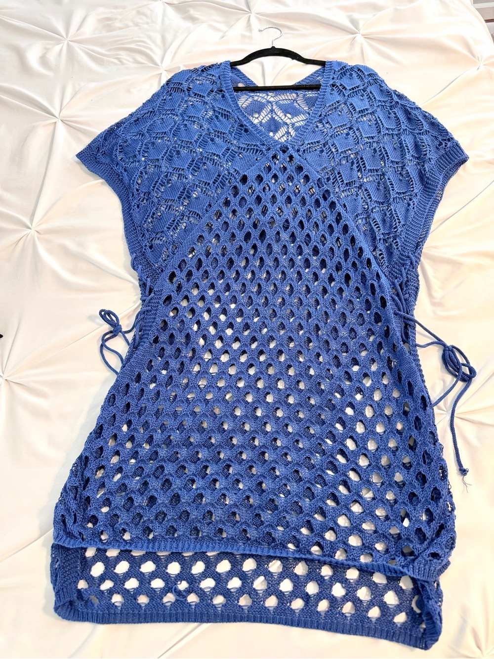 Crochet swimsuit coverup beach pool blue 
Fits up to a medium boho preppy